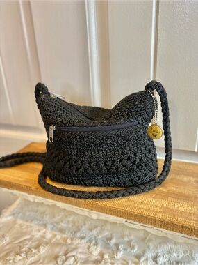Lina Black Crochet Crossbody Bag with Braided Strap